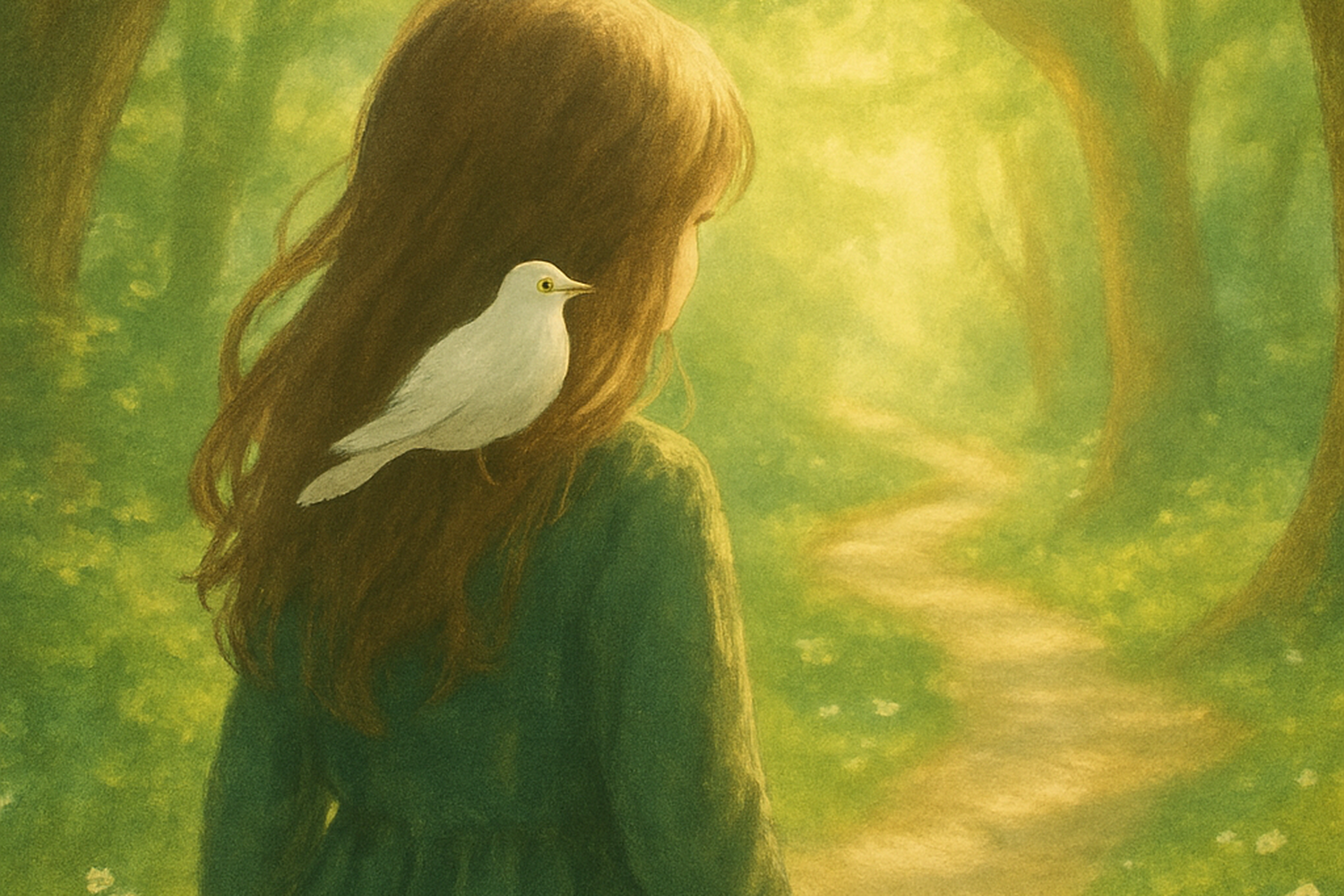 曲がり道の物語を描いた癒しのイラスト。白い鳥と少女が心に寄り添いながら、光さす森の中をゆっくり進んでいく。