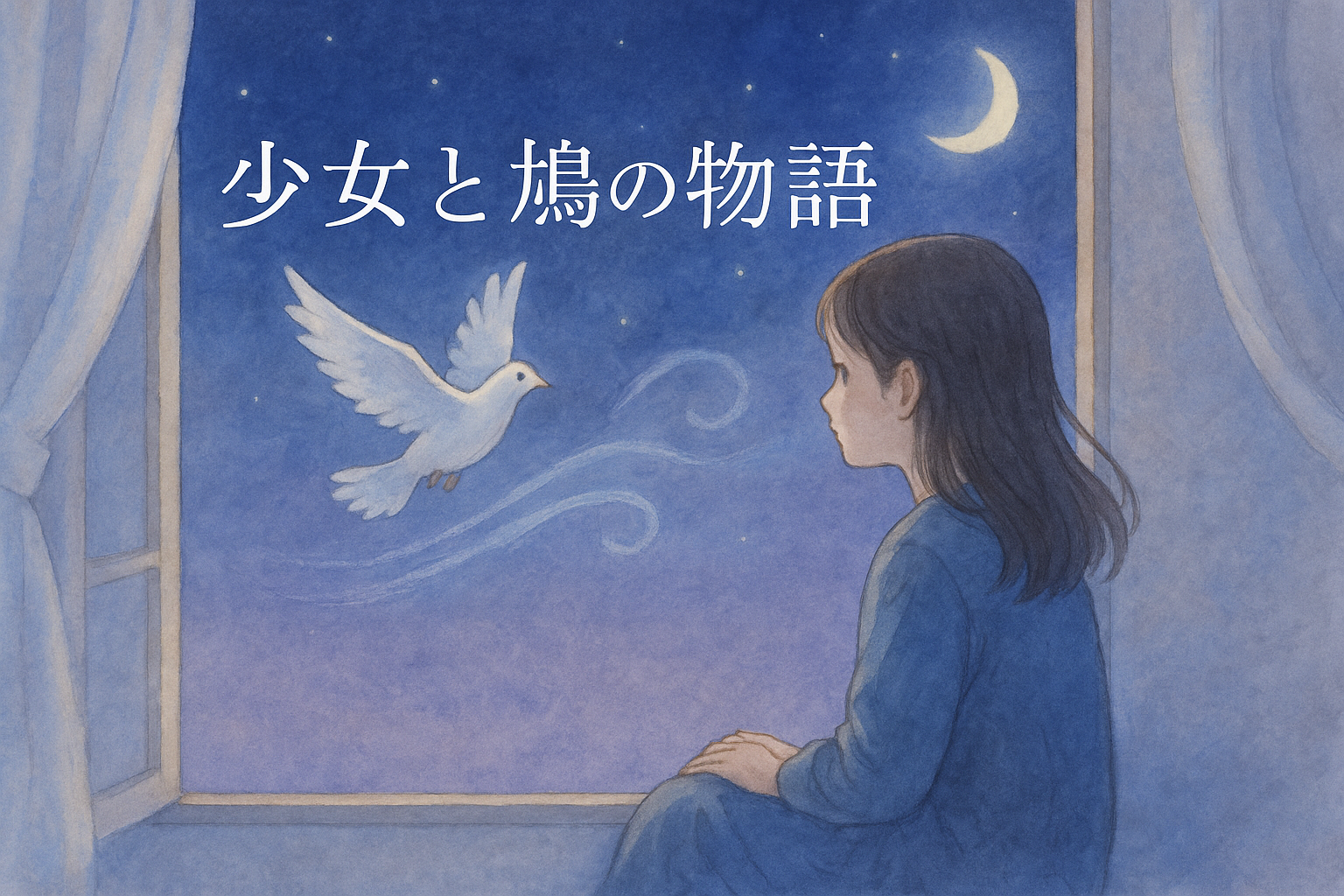 一人の夜、少女と白い鳩が向き合う幻想的な水彩イラスト。心を包む物語のアイキャッチ画像。